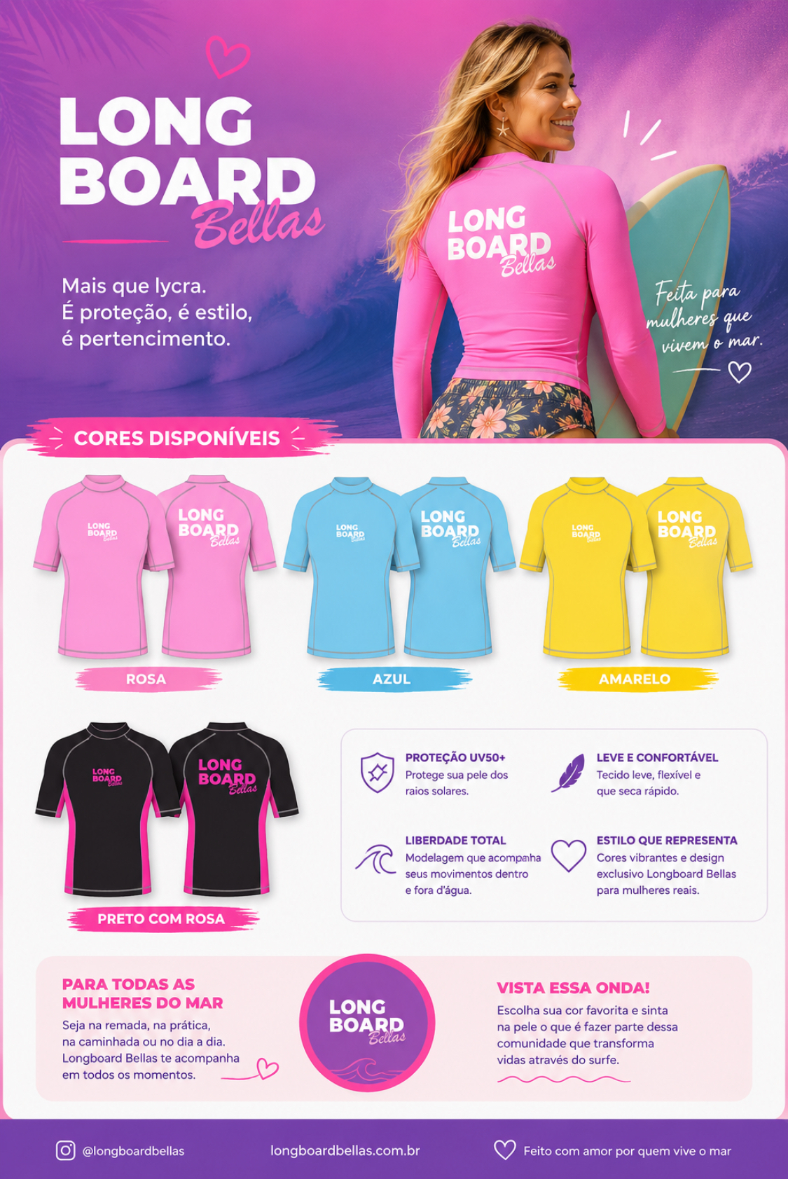 Catálogo das lycras Longboard Bellas nas cores rosa, azul, amarelo e preto com rosa